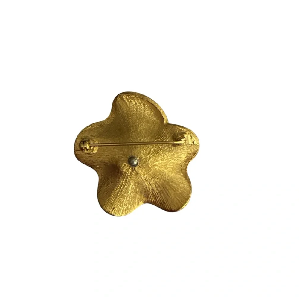 Gold Flower Rhinestone Brooch with Pearl Center